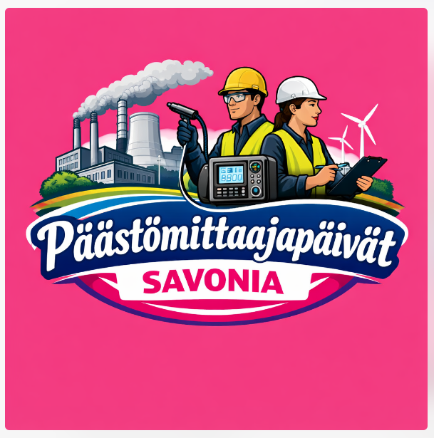 Kaksi turvavarusteisiin pukeutunutta insinööriä käyttää päästöjen seurantalaitteita tehtaiden, tuulivoimaloiden ja viheralueiden edessä. Tekstissä lukee 